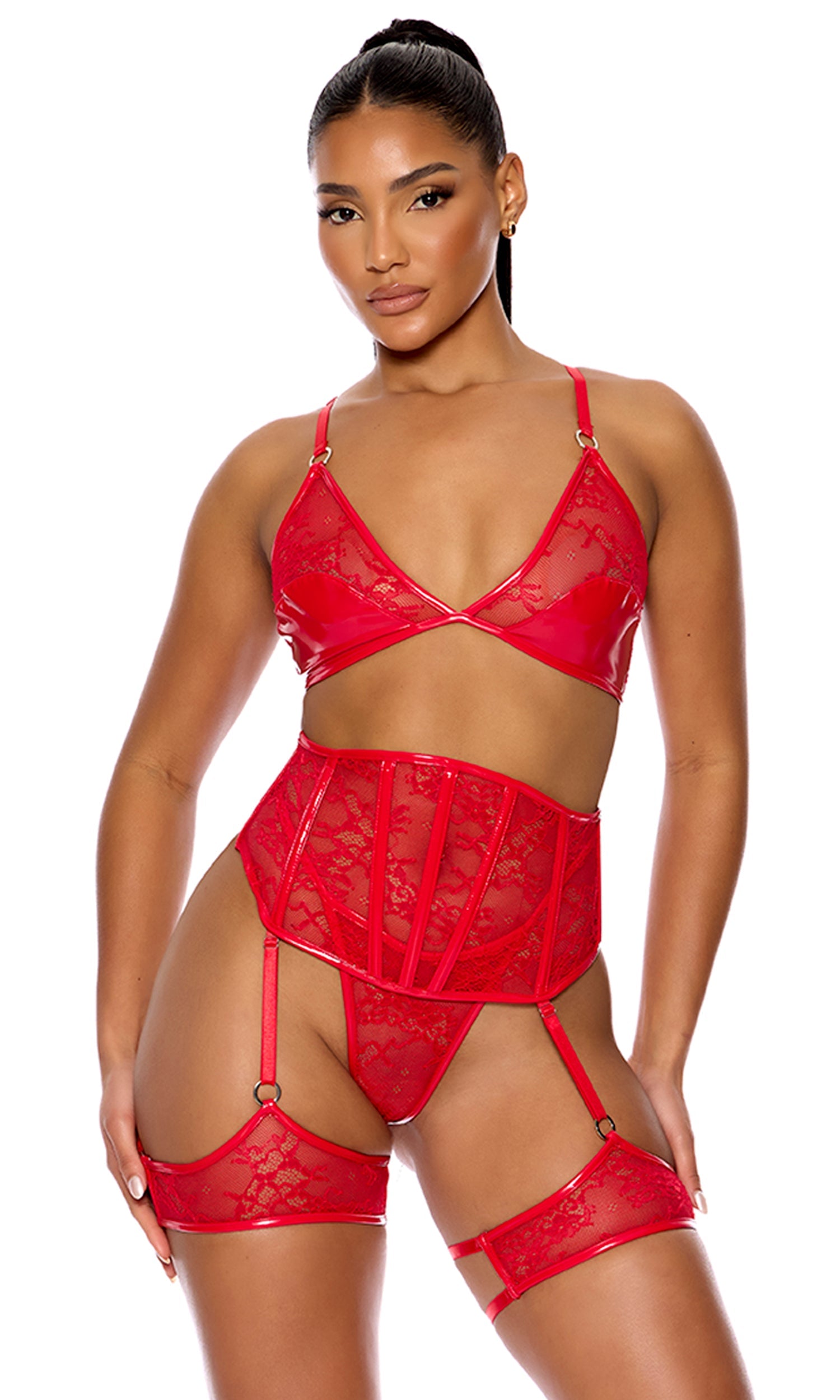 Perfect Pair Vinyl and Lace Bra and Waist Cincher Lingerie Set - Red