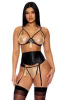 Show Stopper Metallic Mesh Bra and Waist Cincher Lingerie Set - Black Gold