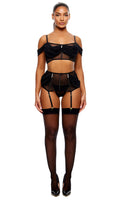 Princess Treatment 3-Piece Draped Mesh Bra and Garter Skirt Lingerie Set - Black