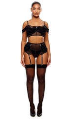 Princess Treatment 3-Piece Draped Mesh Bra and Garter Skirt Lingerie Set - Black