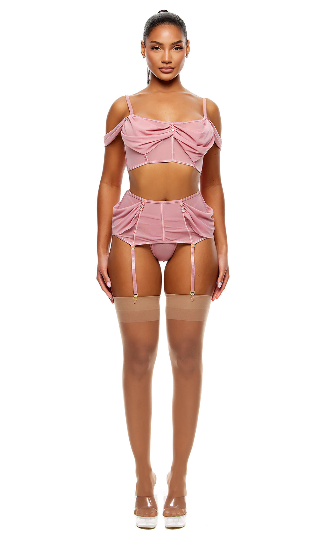 Princess Treatment 3-Piece Draped Mesh Bra and Garter Skirt Lingerie Set - Mauve