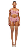 Princess Treatment 3-Piece Draped Mesh Bra and Garter Skirt Lingerie Set - Mauve