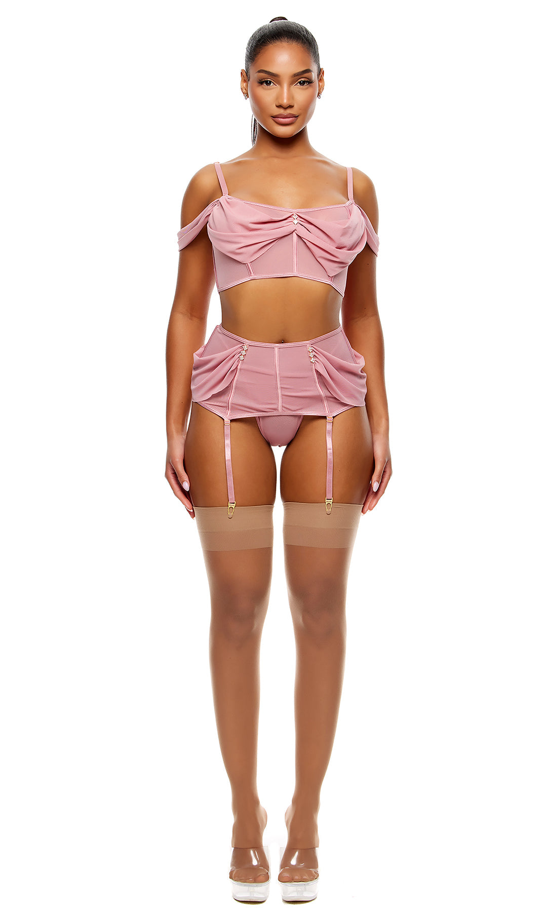 Princess Treatment 3-Piece Draped Mesh Bra and Garter Skirt Lingerie Set - Mauve