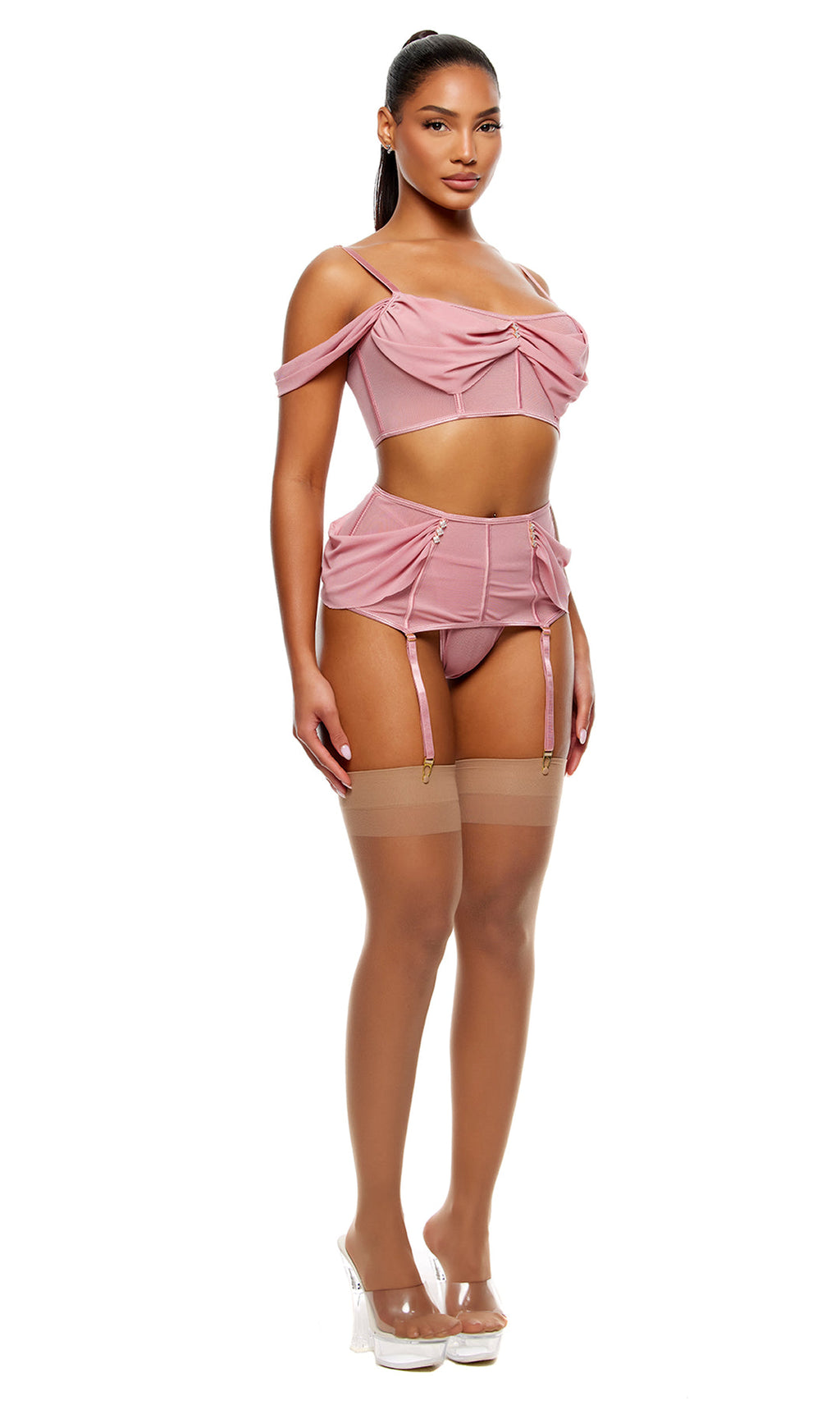 Princess Treatment 3-Piece Draped Mesh Bra and Garter Skirt Lingerie Set - Mauve