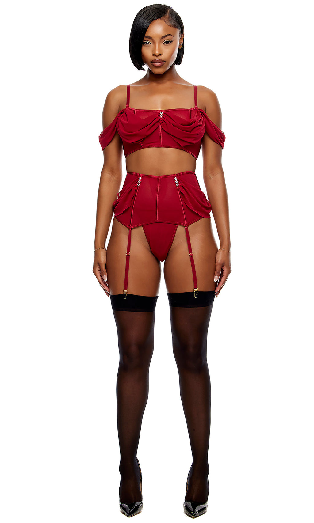 Princess Treatment 3-Piece Draped Mesh Bra and Garter Skirt Lingerie Set - Wine