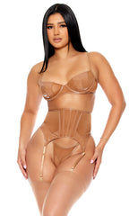 Opposites Attract 3-Piece Mesh and Vinyl Bra and Waist Cincher Lingerie Set - Brown