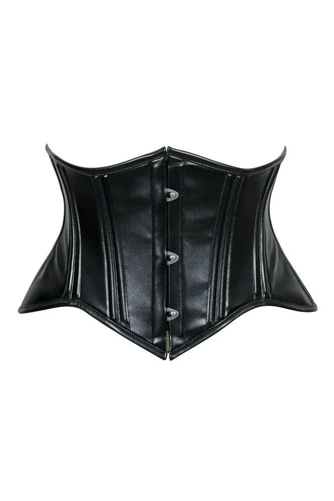 Lavish Double Boned Black Wet Look Faux Leather Curvy Cut Mini Cincher Underbust Corset