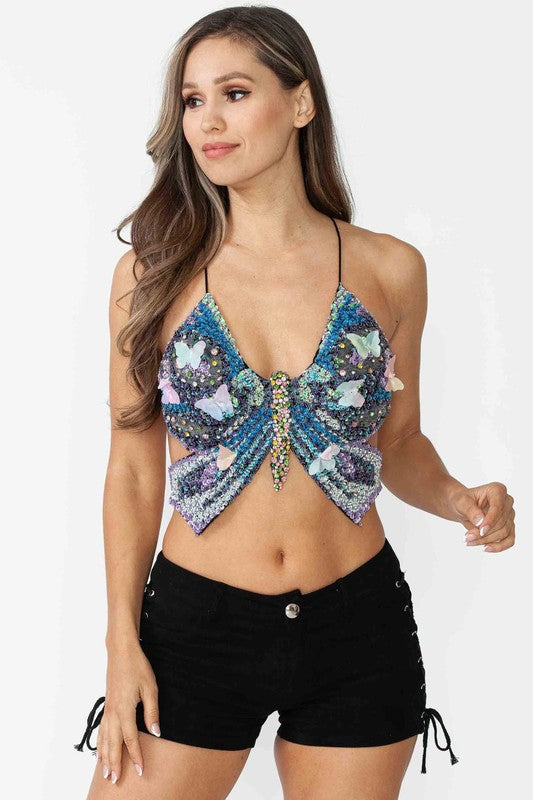 Dazzling Sequin Beaded Butterfly Crisscross - Black