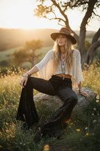 Boho Crushed Black Velvet Bell Bottom Pants Festival Wear