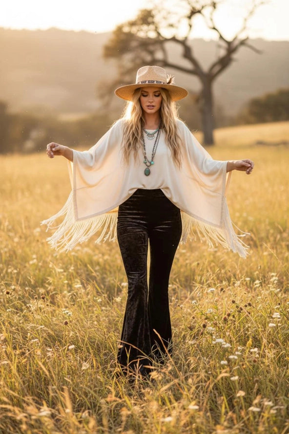 Boho Crushed Black Velvet Bell Bottom Pants Festival Wear