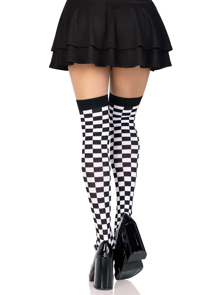 Poppy Checkerboard Thigh High Stockings - Black White