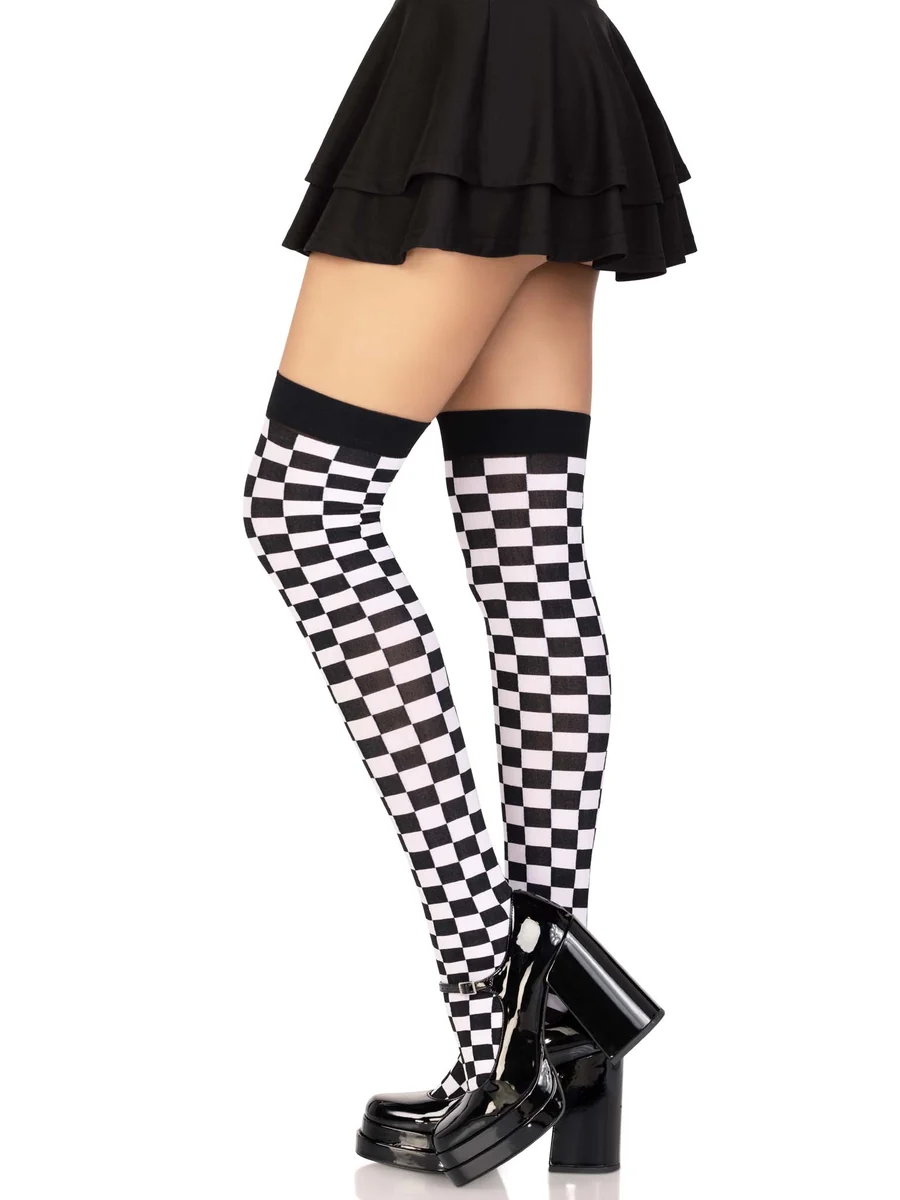 Poppy Checkerboard Thigh High Stockings - Black White