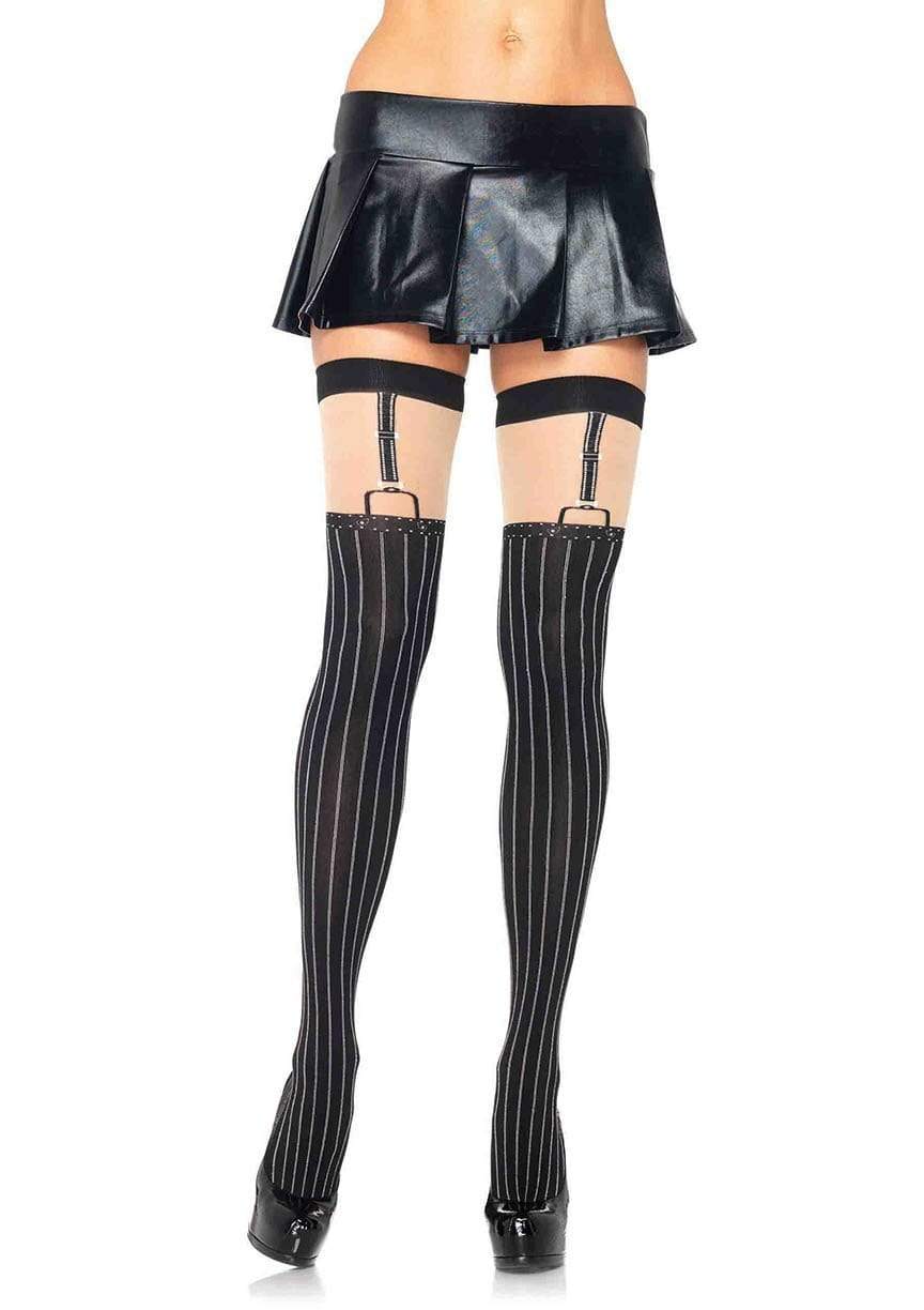 Dove Pinstriped Suspender Thigh High Stockings - OS