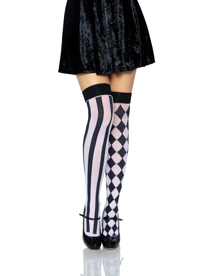 Harlequin Thigh High Stockings - Black White OS