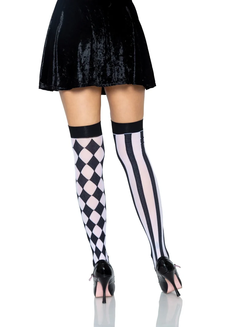 Harlequin Thigh High Stockings - Black White OS