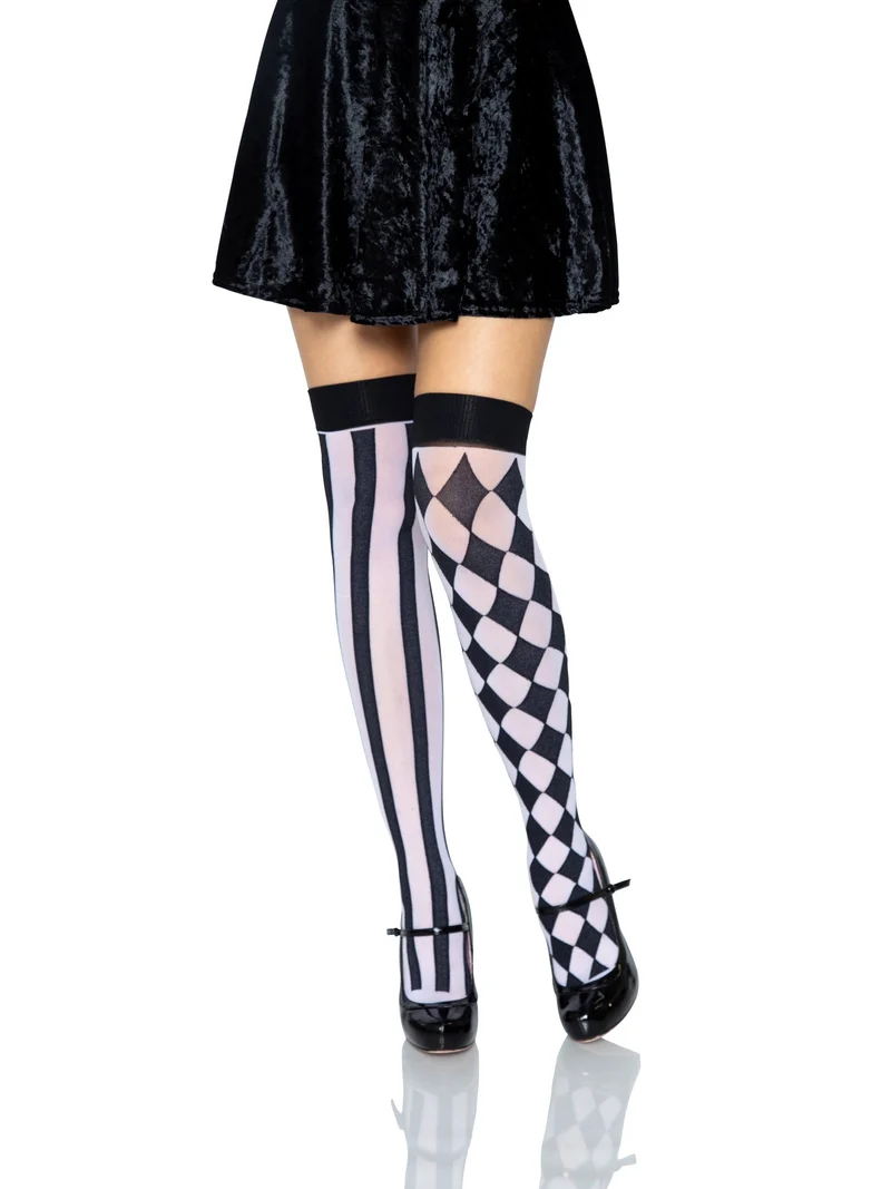 Harlequin Thigh High Stockings - Black White OS