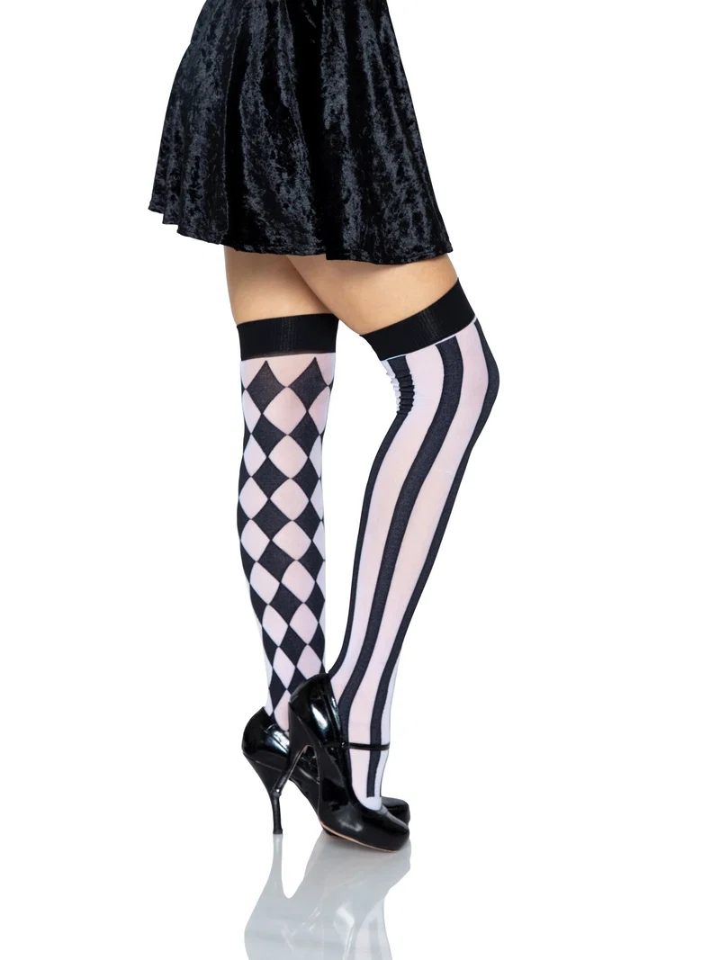 Harlequin Thigh High Stockings - Black White OS