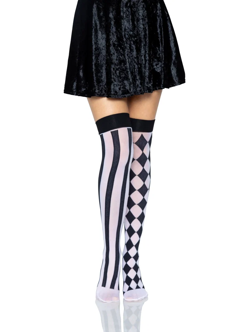 Harlequin Thigh High Stockings - Black White OS