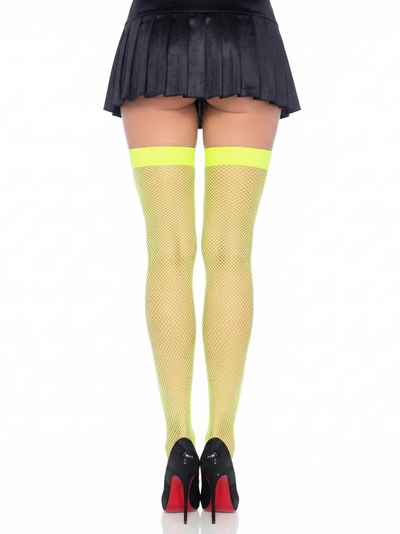 Joy Fishnet Thigh High Stockings - Neon Green