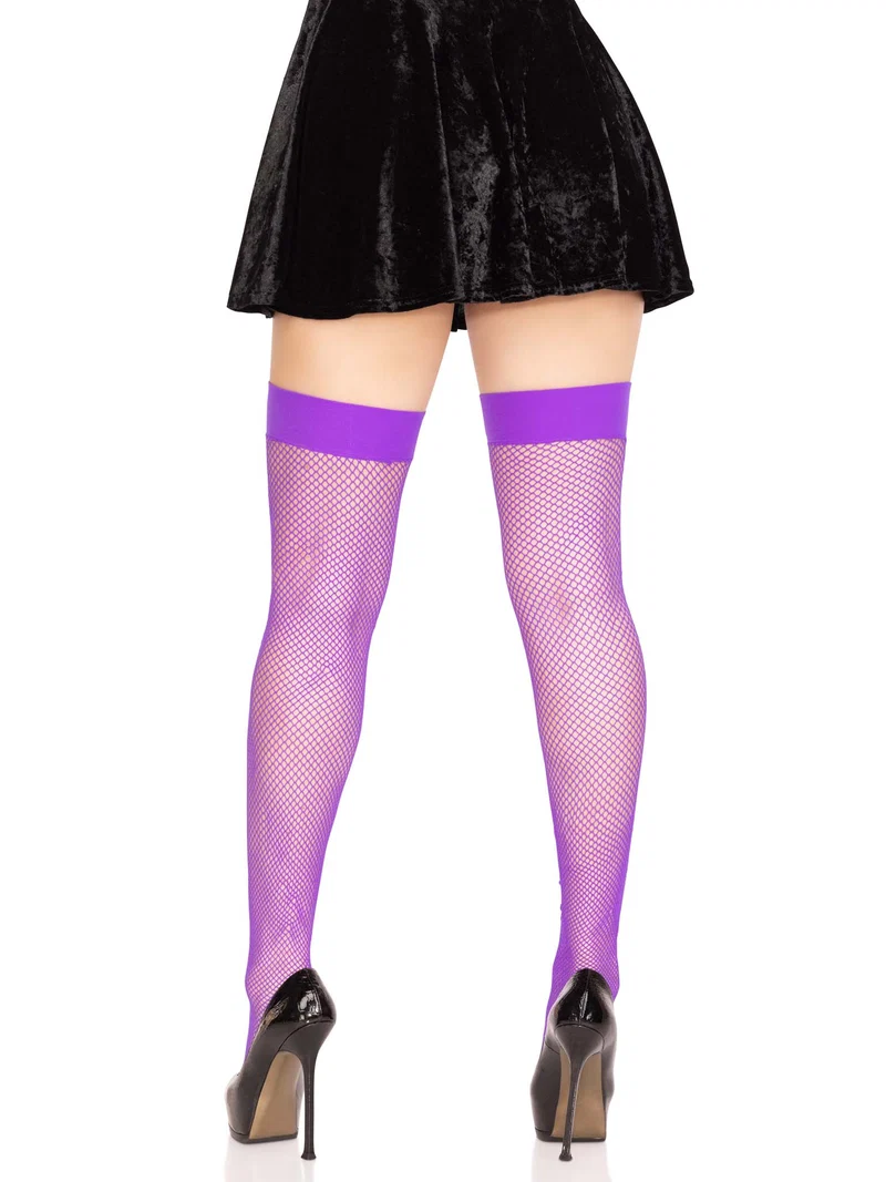 Joy Fishnet Thigh High Stockings - Neon Purple