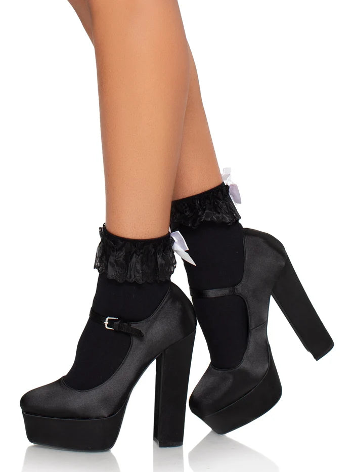 Lola Ruffle Bow Ankle Socks - Black White