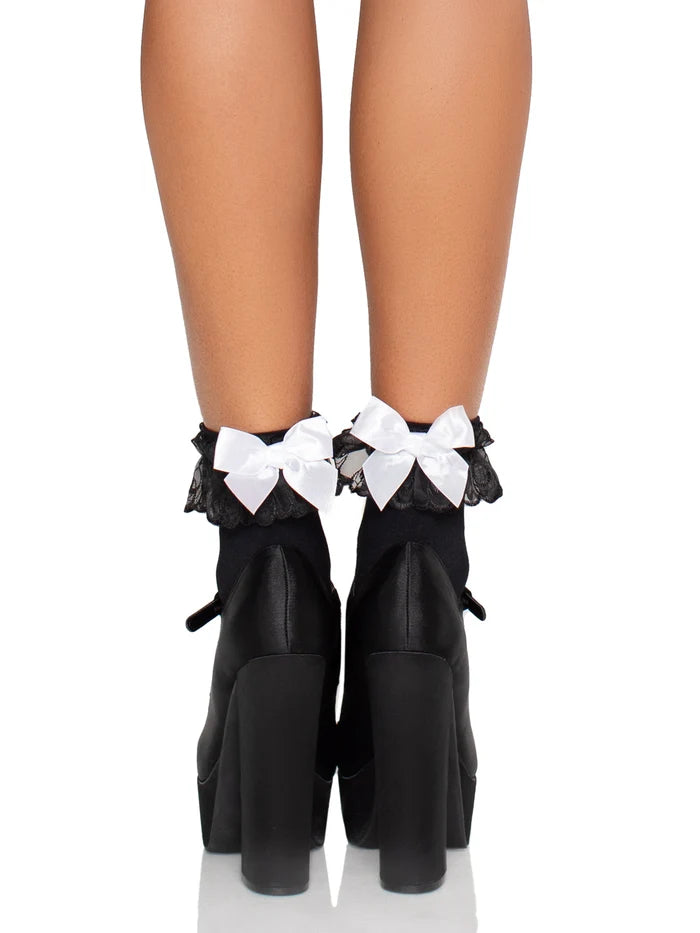 Lola Ruffle Bow Ankle Socks - Black White