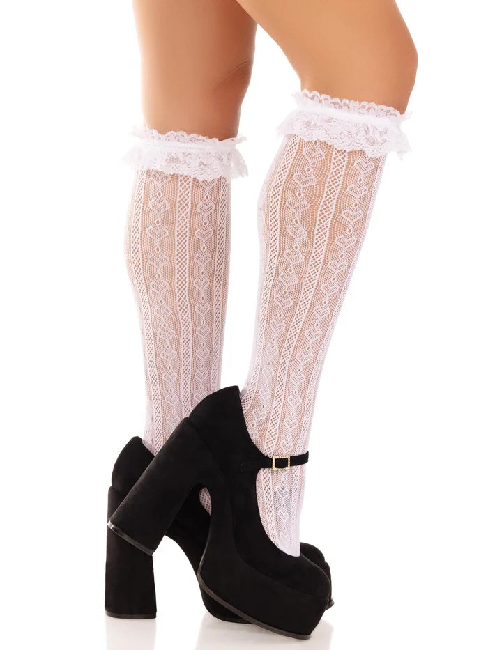 Sweetheart Ruffle Cuff Knee High Socks - White