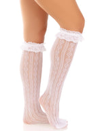 Sweetheart Ruffle Cuff Knee High Socks - White