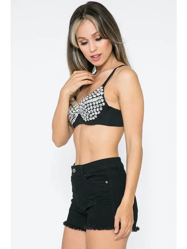 Multicolor Full Rhinestone Bra - Black - Rainbow