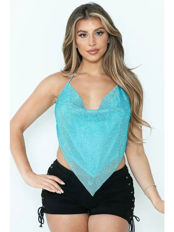 O/S Turquoise Sexy Shiny Stone Stud Halter Top