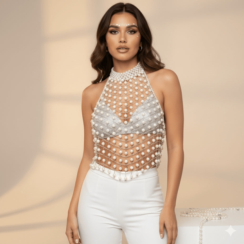 Opalite Pearl White Backless Carnival Crop Top
