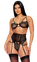 Caught Up O-Net 3-Piece Bra and Waist Cincher Lingerie Set - Black