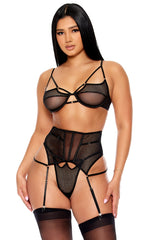 Caught Up O-Net 3-Piece Bra and Waist Cincher Lingerie Set - Black