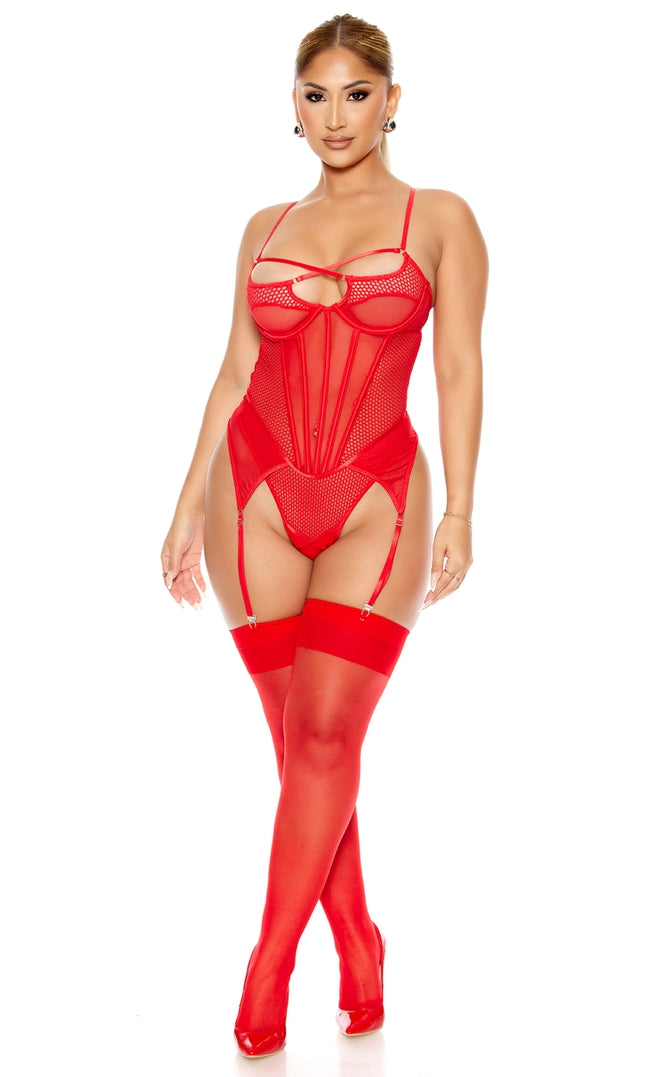 Caught Up O-Net Corset Style Teddy - Red