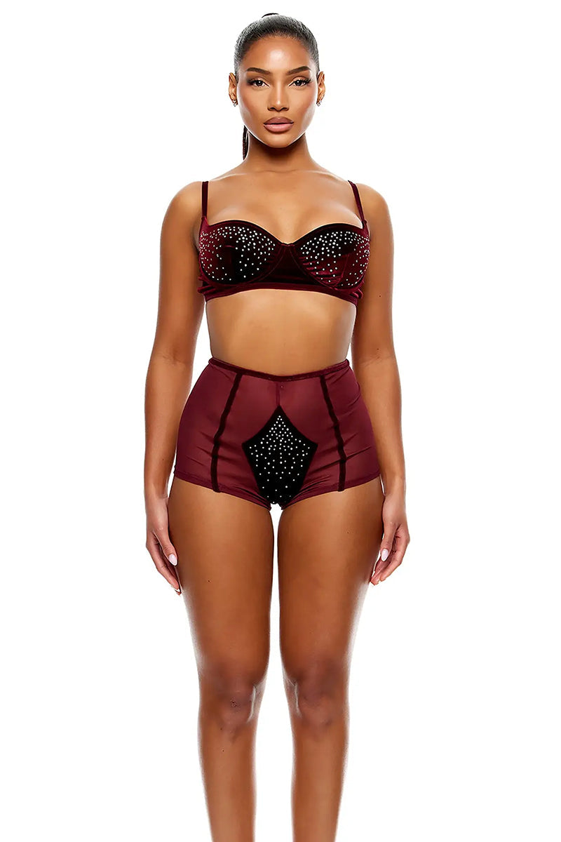 Caught Your Eye Velvet Rhinestone Bra and Briefs Lingerie Set - Wine
