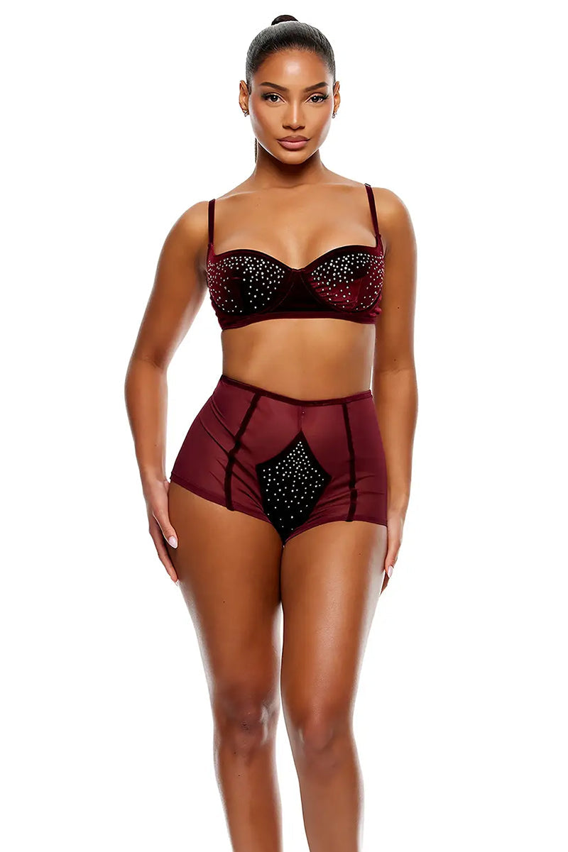 Caught Your Eye Velvet Rhinestone Bra and Briefs Lingerie Set - Wine