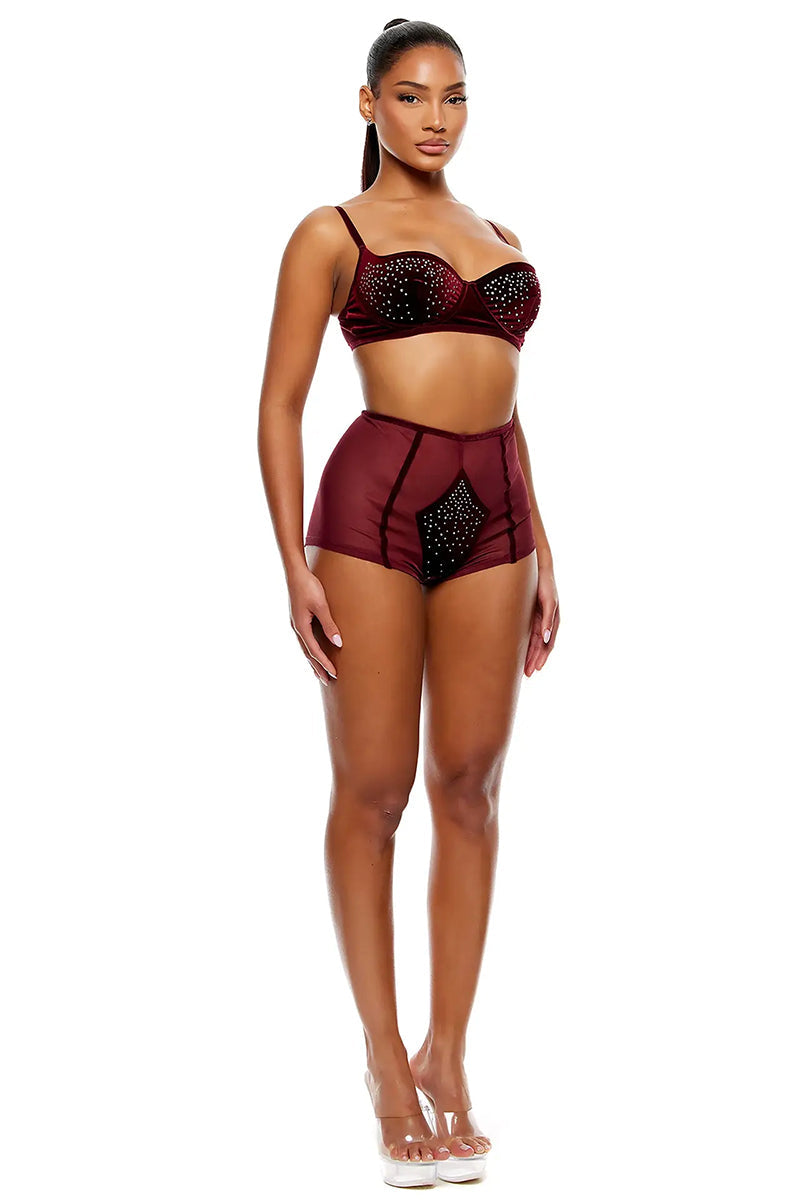 Caught Your Eye Velvet Rhinestone Bra and Briefs Lingerie Set - Wine